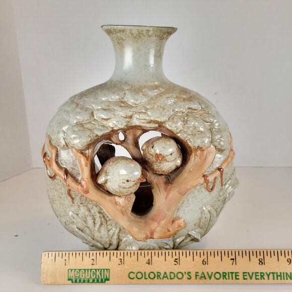 Rustic Ceramic Vase Tree Trunk Birds 9" Tall Votive Holder Decor Vintage Finch - Picture 13 of 16